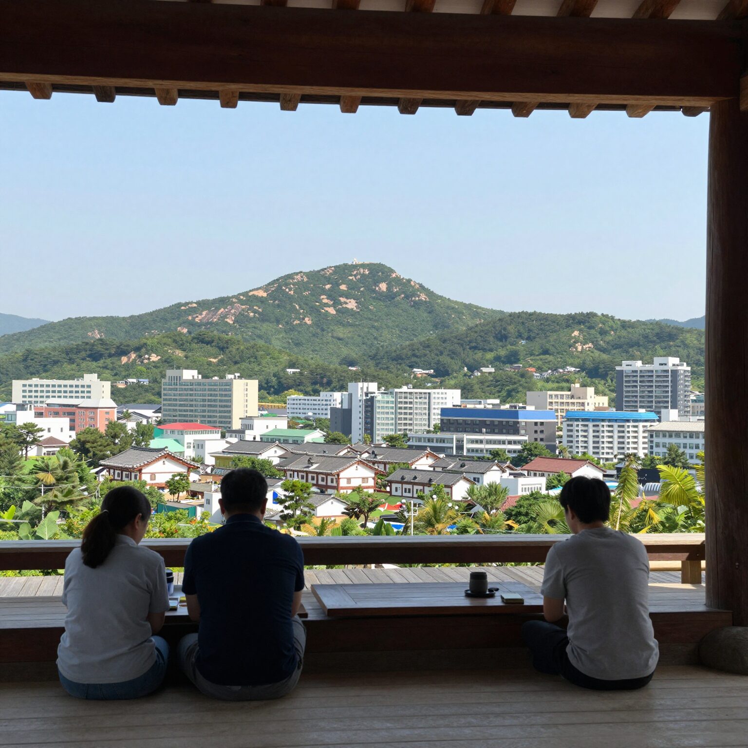 정선 하늘정원펜션 테라스에서 바라본 동강과 산의 전경 사진