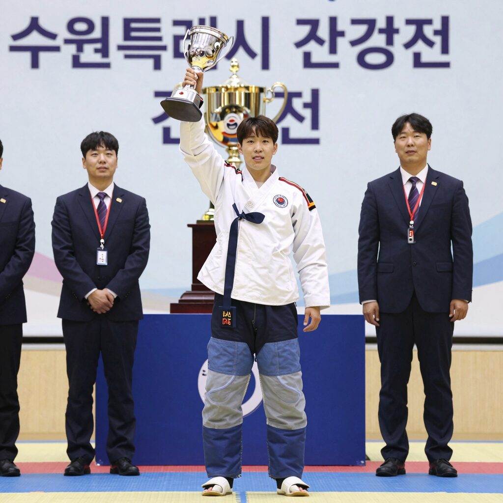 수원특례시청 전성근 선수가 소백장사 결정전에서 배지기 기술로 승리한 후 환호하는 모습, 뒤로 트로피가 보임
