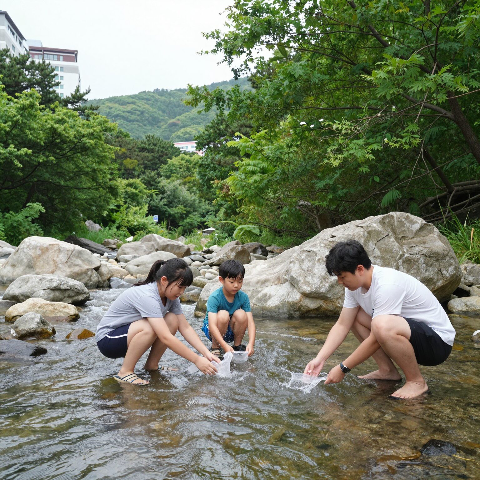 지리산 계곡에서 가족이 즐겁게 물놀이하는 모습, 맑은 물과 푸른 숲
