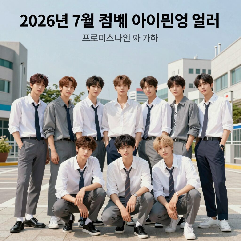 2026년 7월 컴백 아이돌 라인업 일러스트. 아이들, TXT 연준, 프로미스나인, 청하 등 주요 아티스트의 앨범 아트가 모자이크로 표현됨