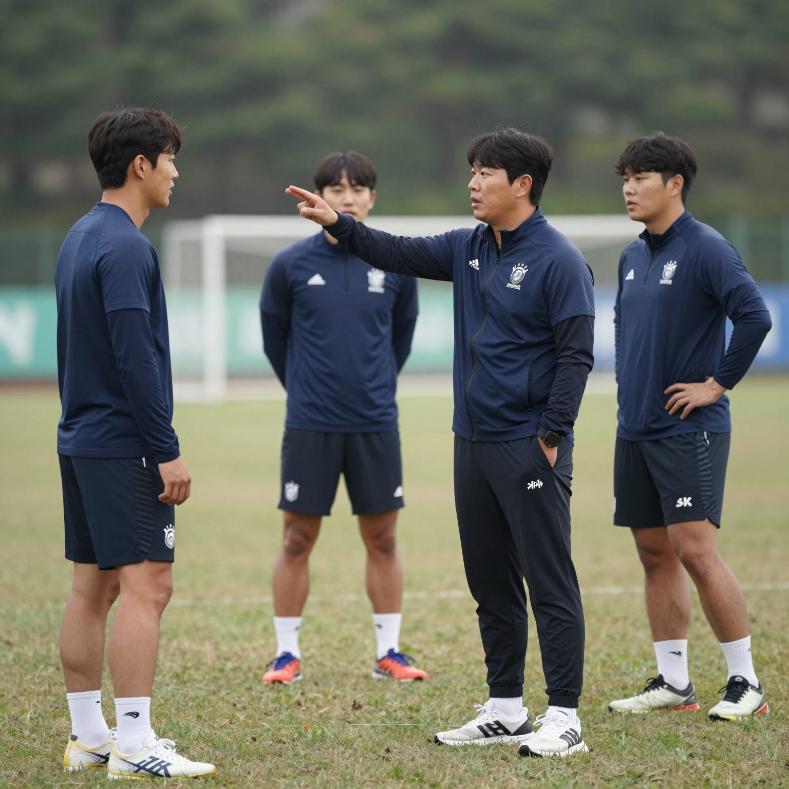 케데헌 새 감독 크리스가 훈련장에서 선수들에게 전술 지시를 내리는 모습