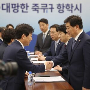 대한축구협회 회장이 국제 축구 회의에서 연설하는 모습, 협회의 미래 비전을 설명하며 각국 대표들과 악수하는 장면