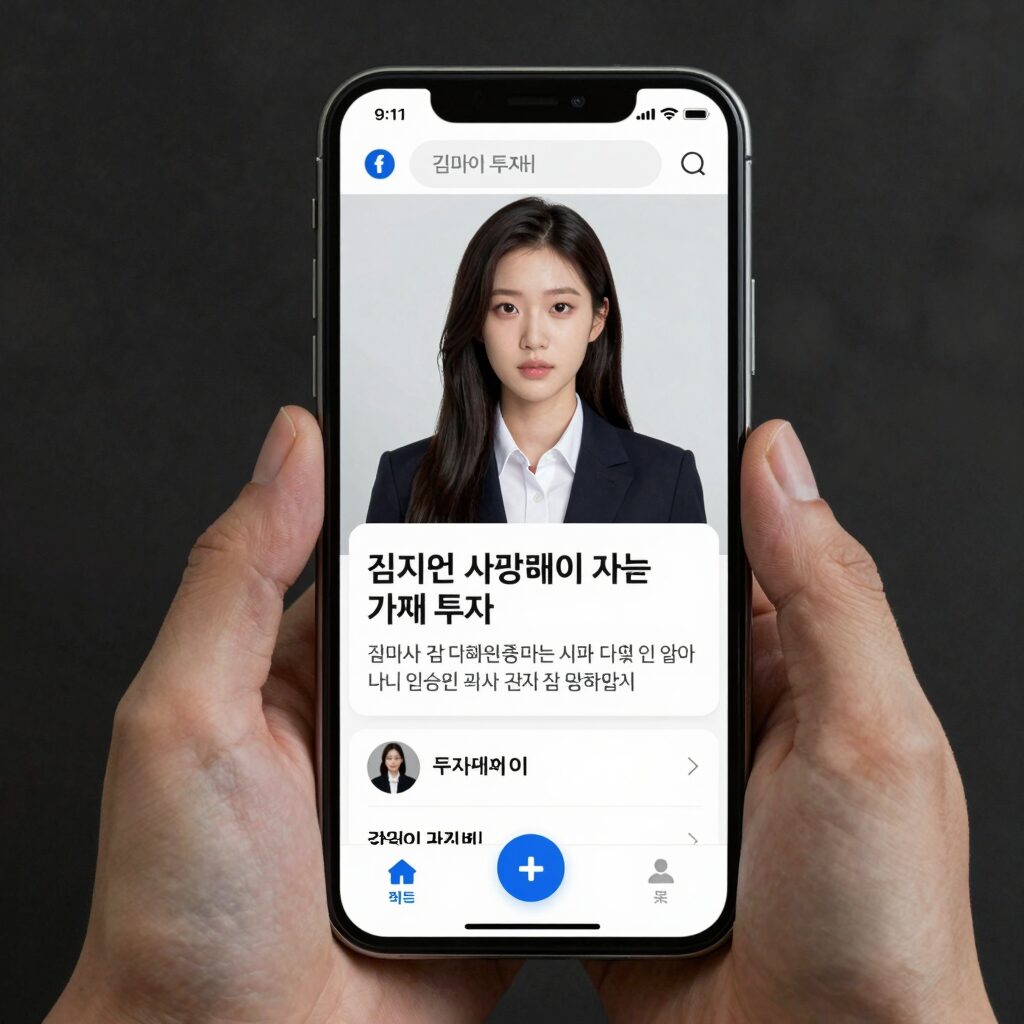 김지윤 사기꾼들이 사용하는 가짜 투자 앱 화면과 주의문구 그래픽