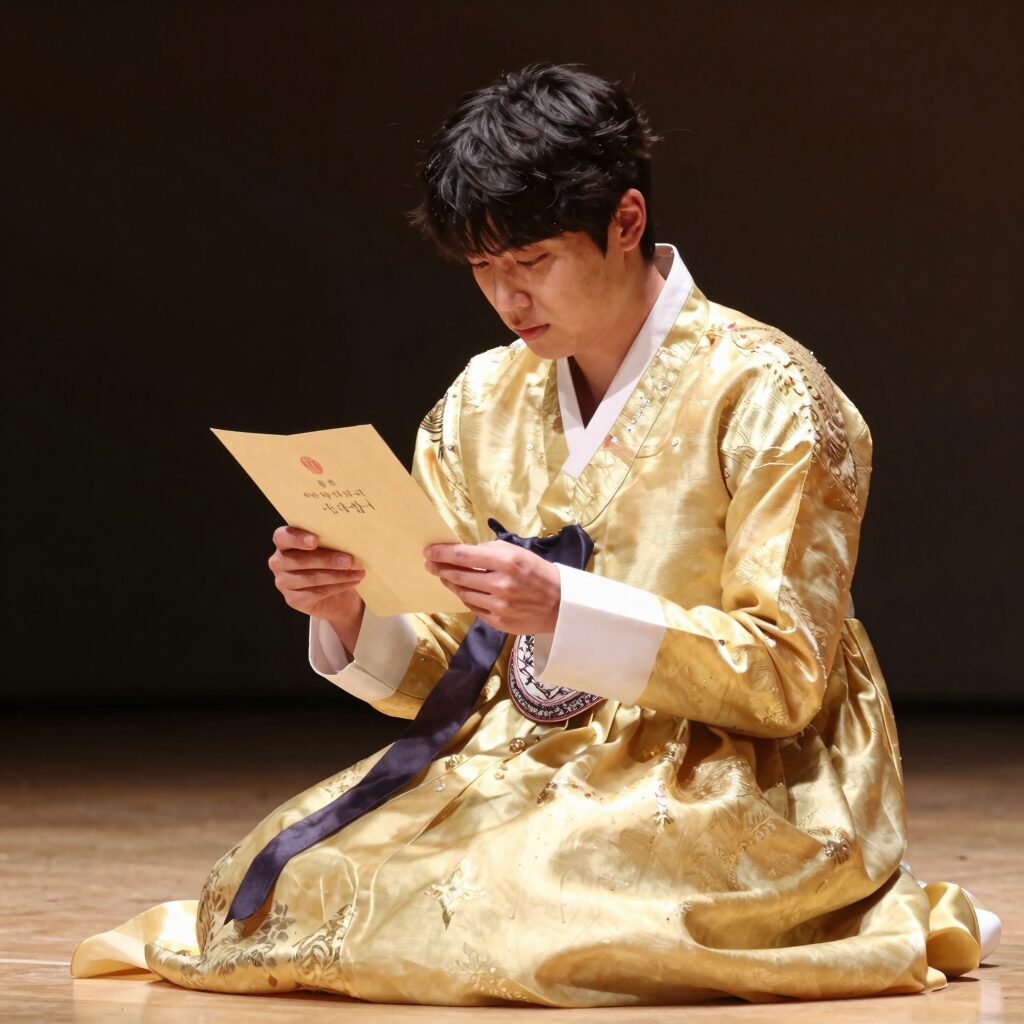 김광진이 연세대학교 콘서트에서 ‘편지’를 부르며 감동적인 무대를 선보이고 있는 모습. 황금색 의상과 따뜻한 조명이 어우러져 있다.