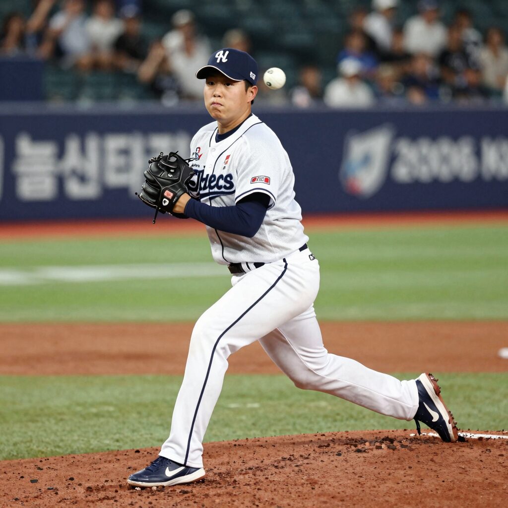 한화 이글스 김서현이 마운드에서 힘차게 공을 던지고 있다. 2026 KBO 올스타 투표 1위를 달리는 그의 압도적인 투구 모습.