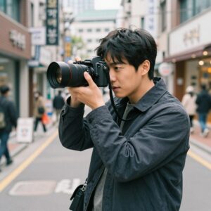 김태풍 작가가 펜탁스17 필름카메라를 들고 출사하는 모습, 배경은 을지로 거리