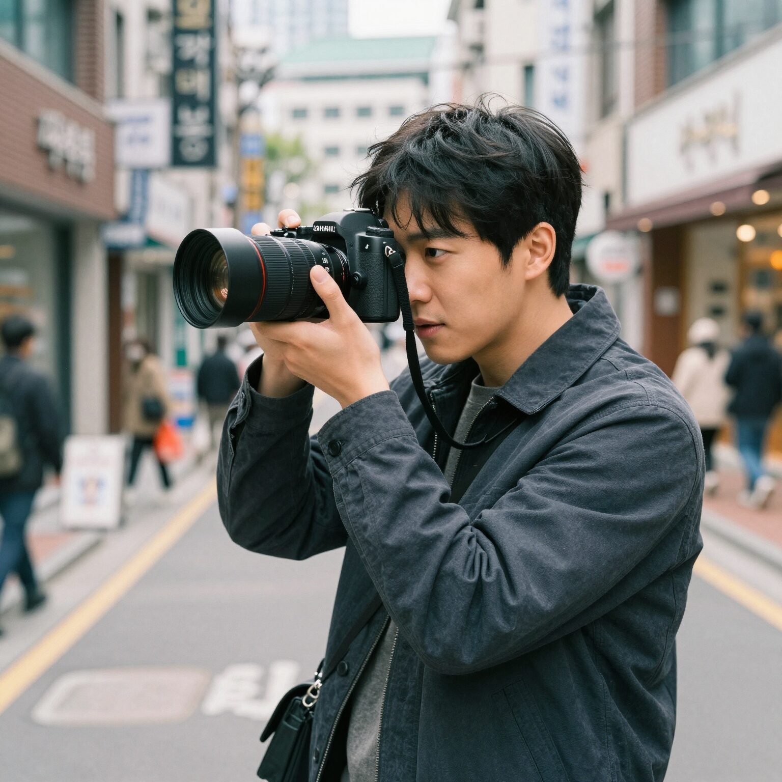 김태풍 작가가 펜탁스17 필름카메라를 들고 출사하는 모습, 배경은 을지로 거리