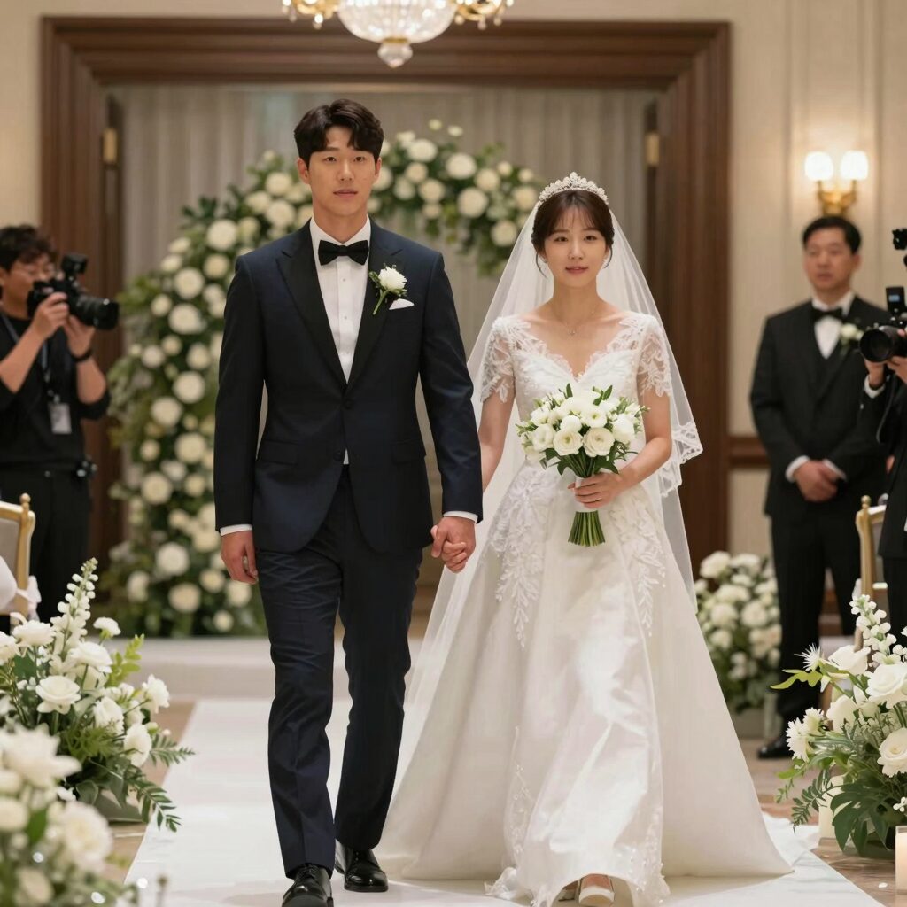 김진규 축구선수와 신부가 부산 시그니엘 호텔 예식장에서 입장하는 모습