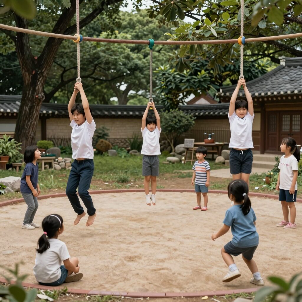 김동현 집 방 안에 설치된 짐링 체조링, 아이들이 매달려 노는 모습
