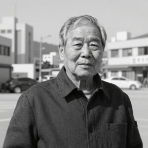 김인효 작곡가의 초상화. 그의 91세 나이를 상징하는 흑백사진