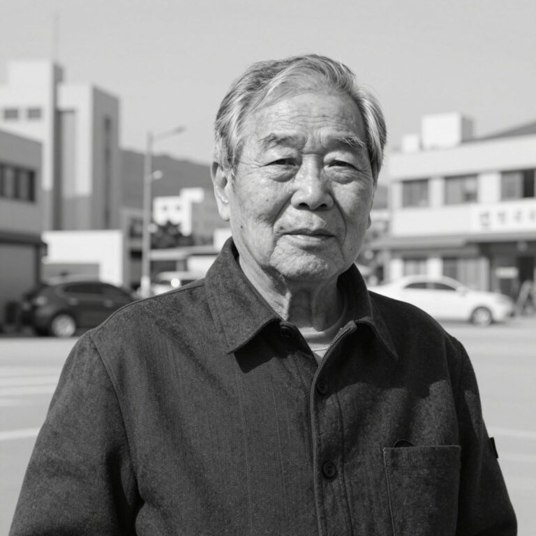 김인효 작곡가의 초상화. 그의 91세 나이를 상징하는 흑백사진