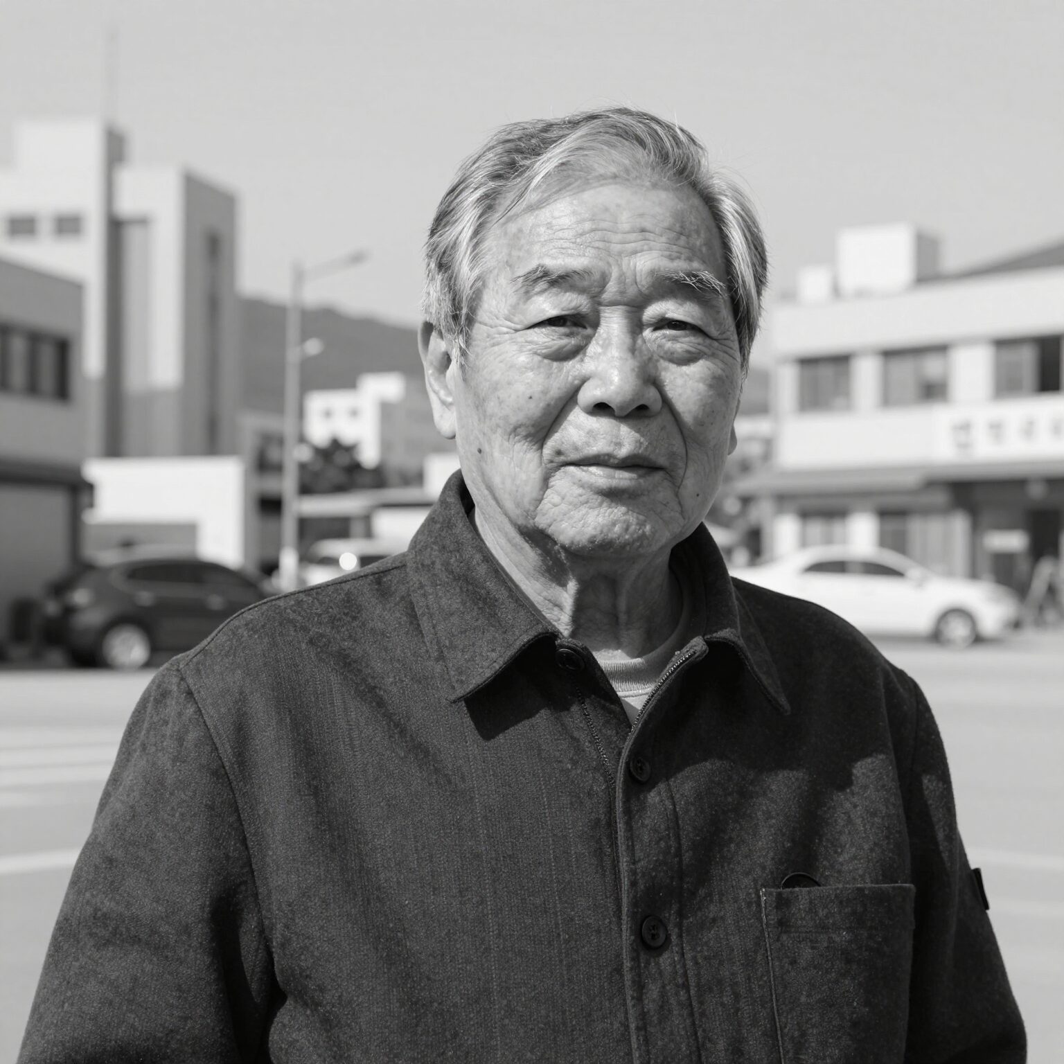 김인효 작곡가의 초상화. 그의 91세 나이를 상징하는 흑백사진