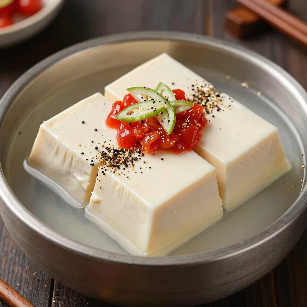 두부와 두유로 만든 콩국수 그릇 위에 오이와 방울토마토 고명이 올려져 있고 통깨가 뿌려져 있다