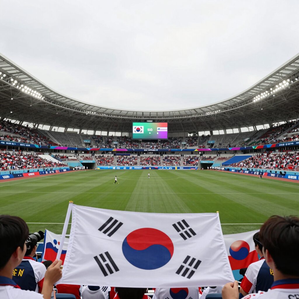 2026 북중미 월드컵 대한민국과 체코의 경기가 열리는 에스타디오 아크론의 전경. 태극기와 체코 국기가 보인다.