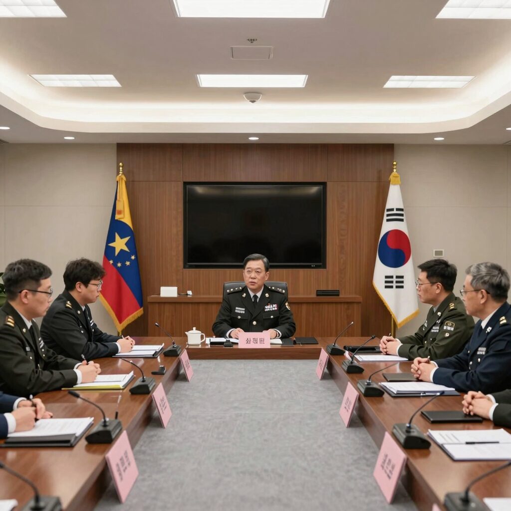 2026년 하반기 군 장성 진급 심의 회의실 내부 모습, 국방부 장관과 참모들이 앉아 토론 중인 장면