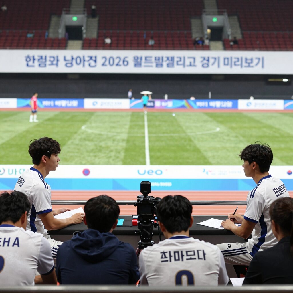 한국과 남아공의 2026 월드컵 조별리그 경기 미리보기, 선수들이 포메이션을 논의하는 모습