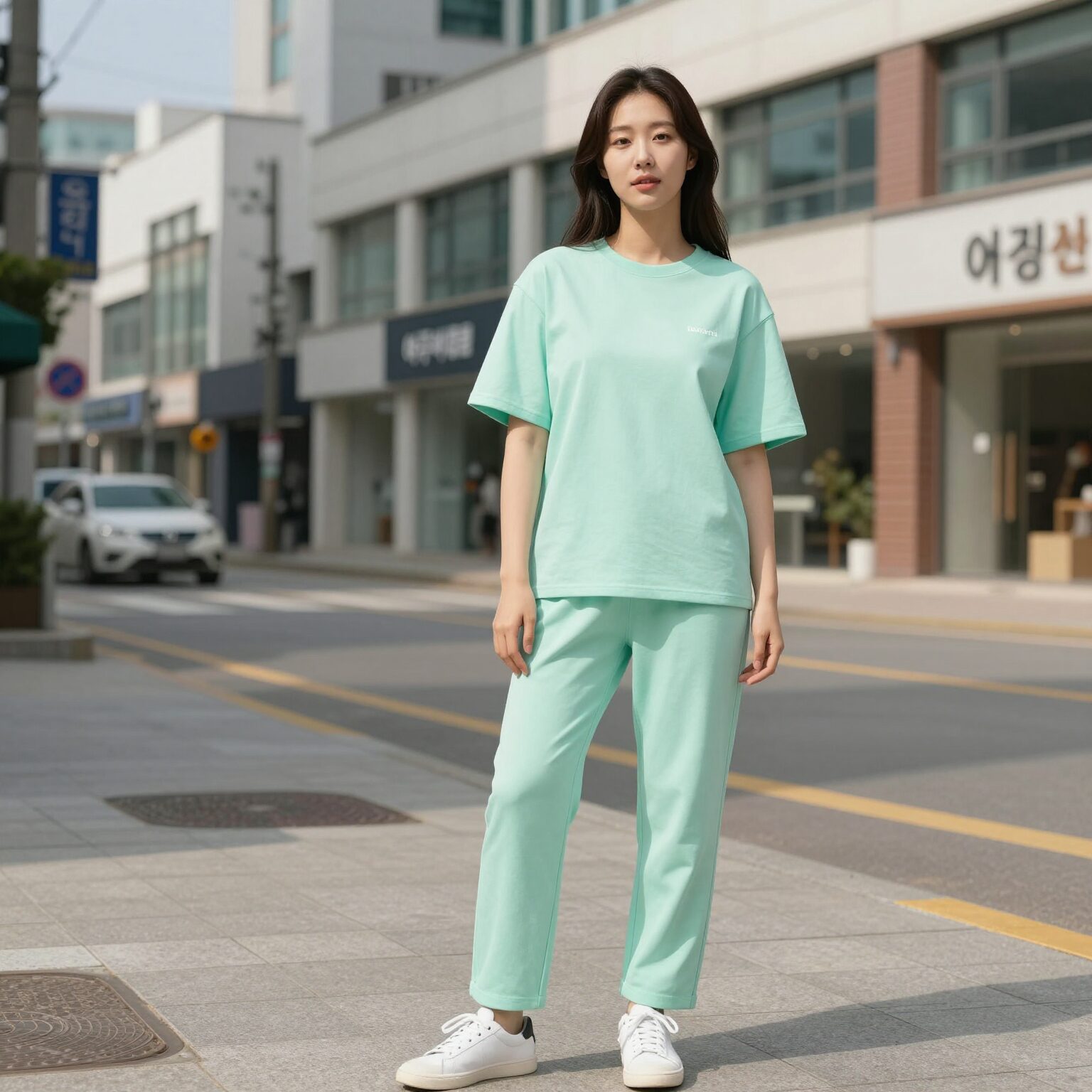 여주 아울렛에서 구매한 르꼬끄 여성 루즈핏 래쉬가드 민트색 모델 QO222SRL51 착용 모습