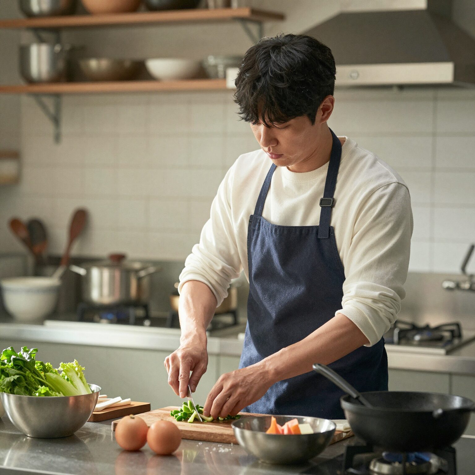 배우 이강태가 주방에서 직접 요리하는 모습