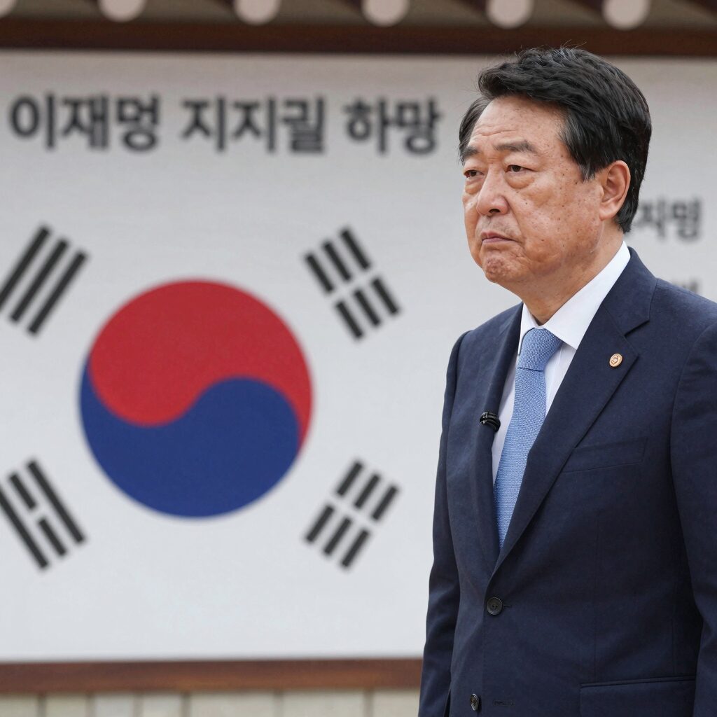 이재명 대통령 지지율 하락 그래프와 당내 갈등 상황을 나타내는 이미지