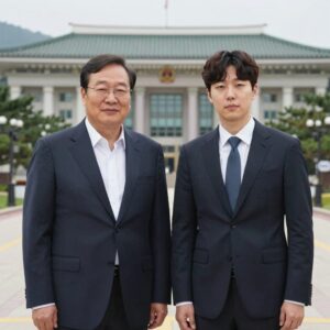 청와대 오찬에서 이재용 삼성전자 회장과 스트레이 키즈 필릭스가 함께 포즈를 취한 모습