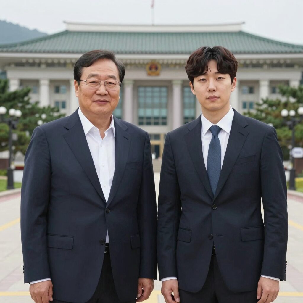 청와대 오찬에서 이재용 삼성전자 회장과 스트레이 키즈 필릭스가 함께 포즈를 취한 모습