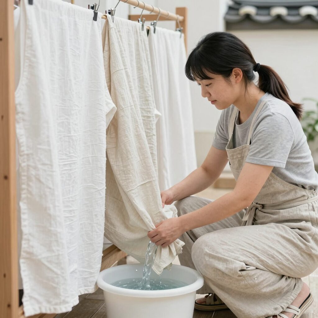 린넨 세탁법 찬물 세탁 후 자연 건조하는 모습