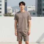 고급스러운 뮤트톤 남자 래쉬가드 세트 착용 모습