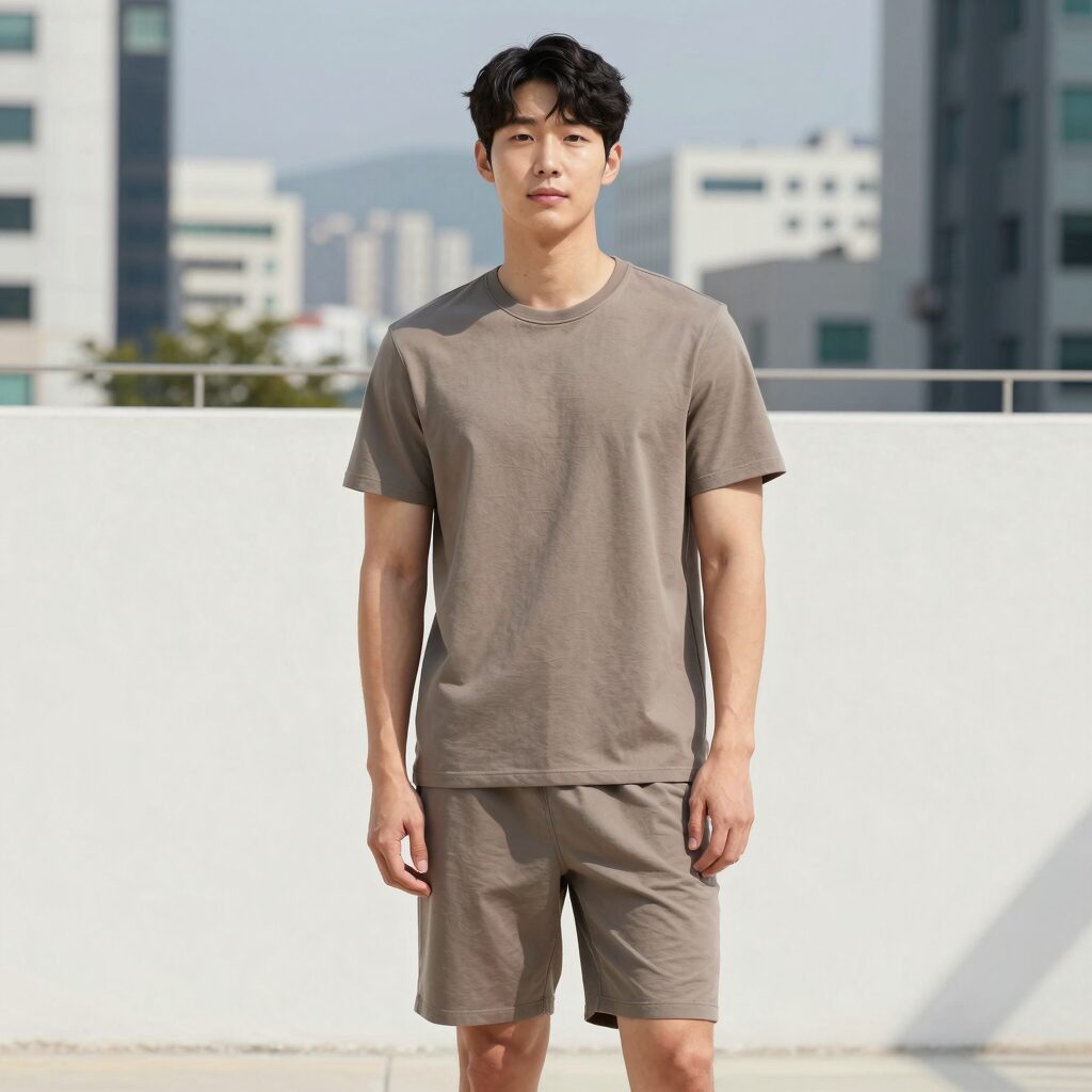 고급스러운 뮤트톤 남자 래쉬가드 세트 착용 모습