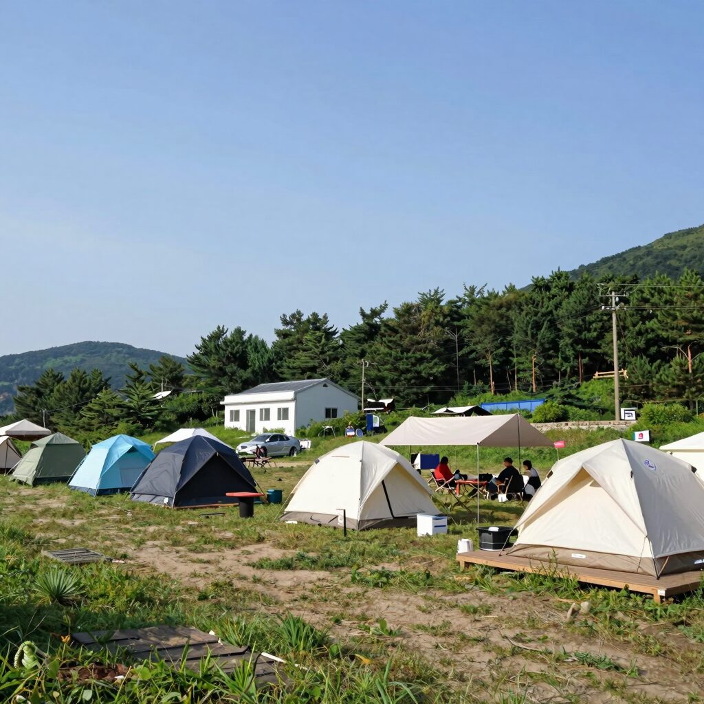 미천골 자연휴양림 1야영장 전체 전경과 데크 배치
