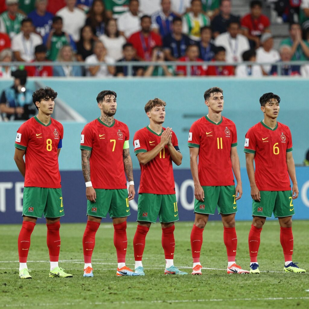 모로코 축구 국가대표팀이 2022년 카타르 월드컵 4강전에서 프랑스와 경기하는 모습 선수들이 단체로 수비 조직을 갖추고 있다