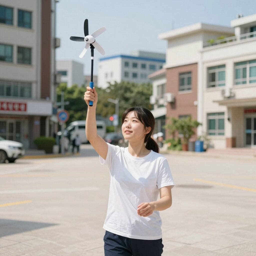 여름 야외에서 목걸이 선풍기를 착용하고 두 손을 자유롭게 사용하는 모습