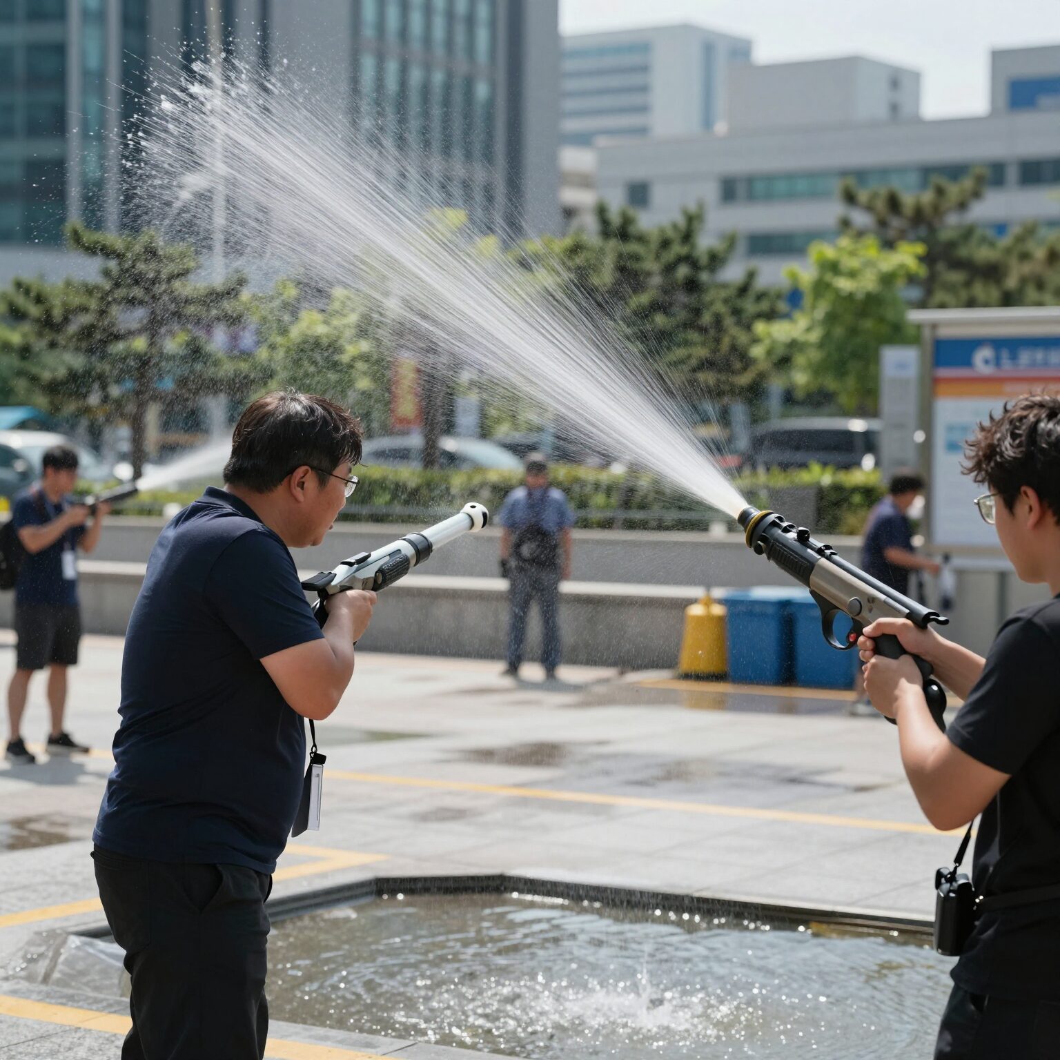 너프 물총 트윈타이드로 물을 발사하는 장면. 듀얼 노즐에서 뿜어져 나오는 물줄기가 선명하게 보인다.