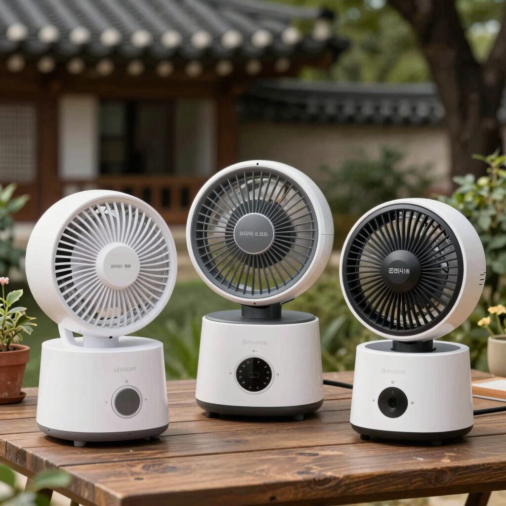 오아 선풍기 아이스볼트미스트 아이스볼트맥스 라운드프로 세 가지 모델이 나란히 놓여 있는 사진