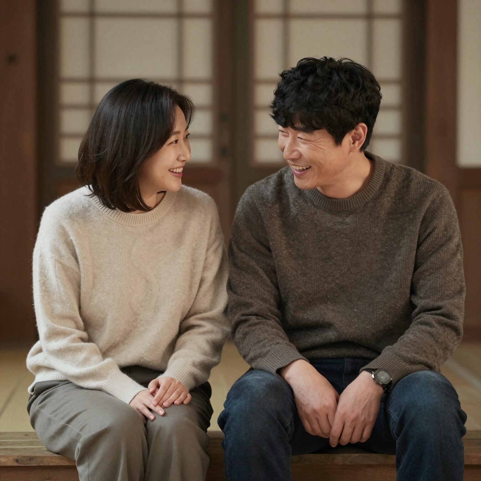 오지헌과 그의 아버지가 함께 앉아 웃고 있는 모습, 따뜻한 가족 분위기를 보여준다