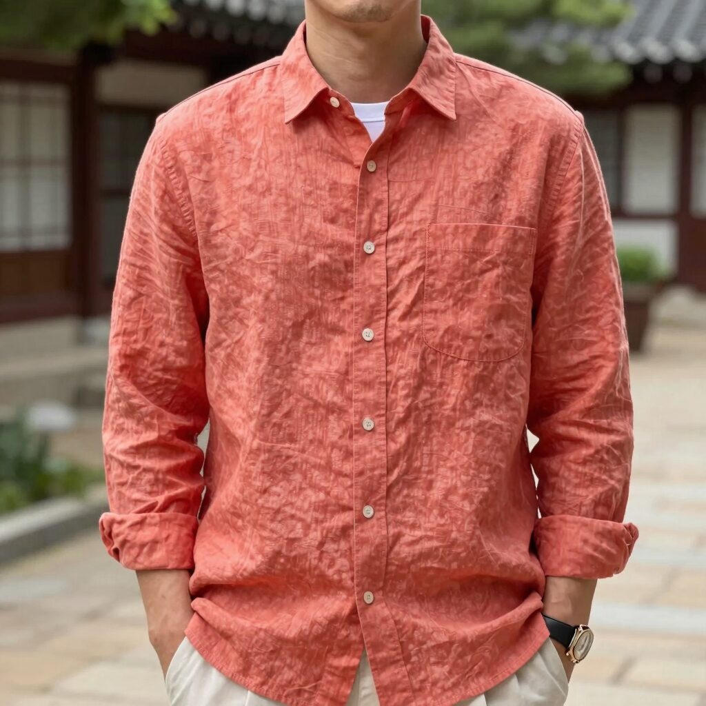 올젠 남성 린넨 셔츠 코랄 컬러 착용 모습