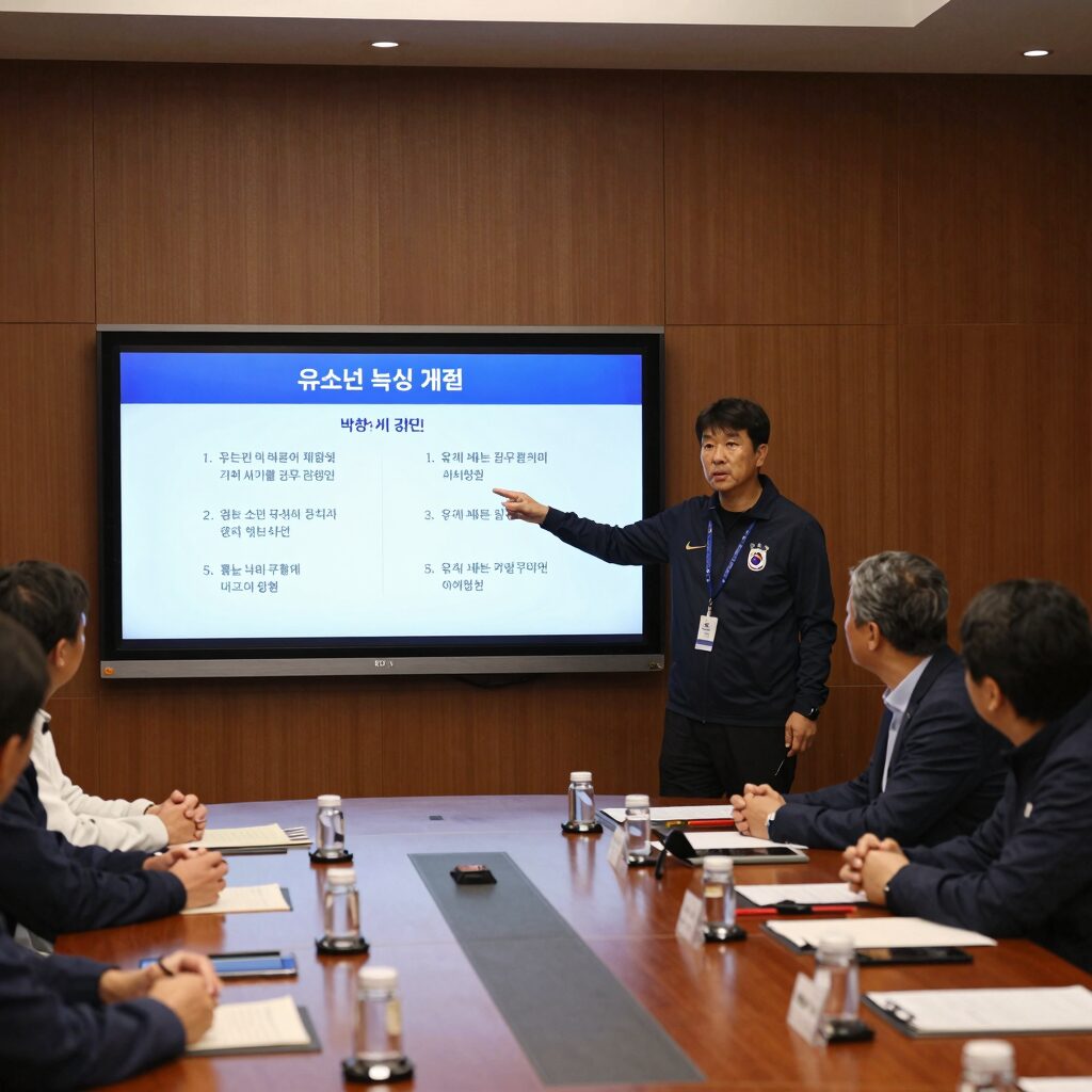 박항서 감독이 베트남 축구협회 회의실에서 유소년 육성 계획을 설명하고 있는 모습