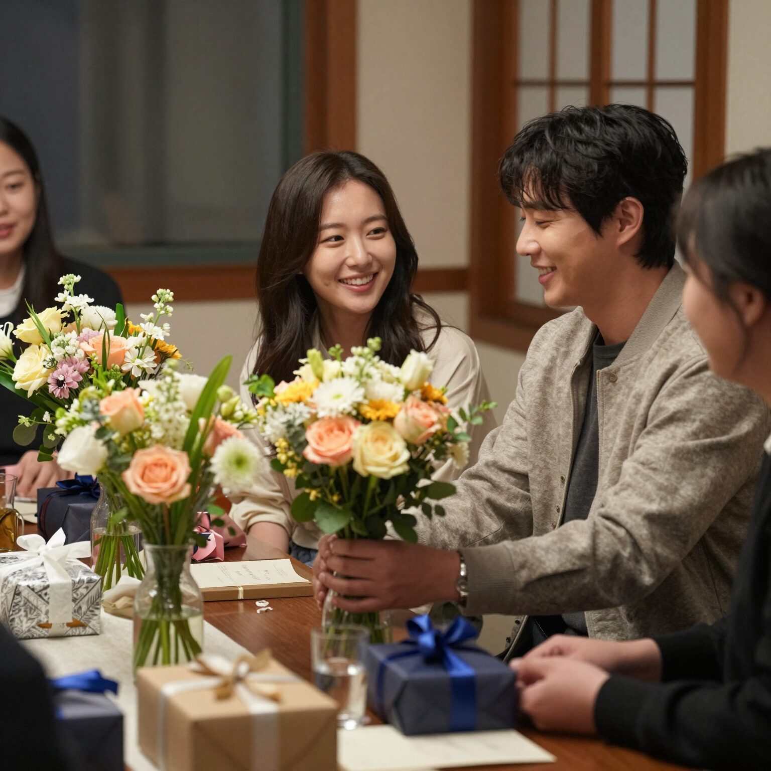 박위 송지은 부부가 집에서 감사의 마음을 담아 준비한 연말 파티 장면, 정성스러운 꽃다발과 선물, 그리고 초대된 사람들의 따뜻한 미소