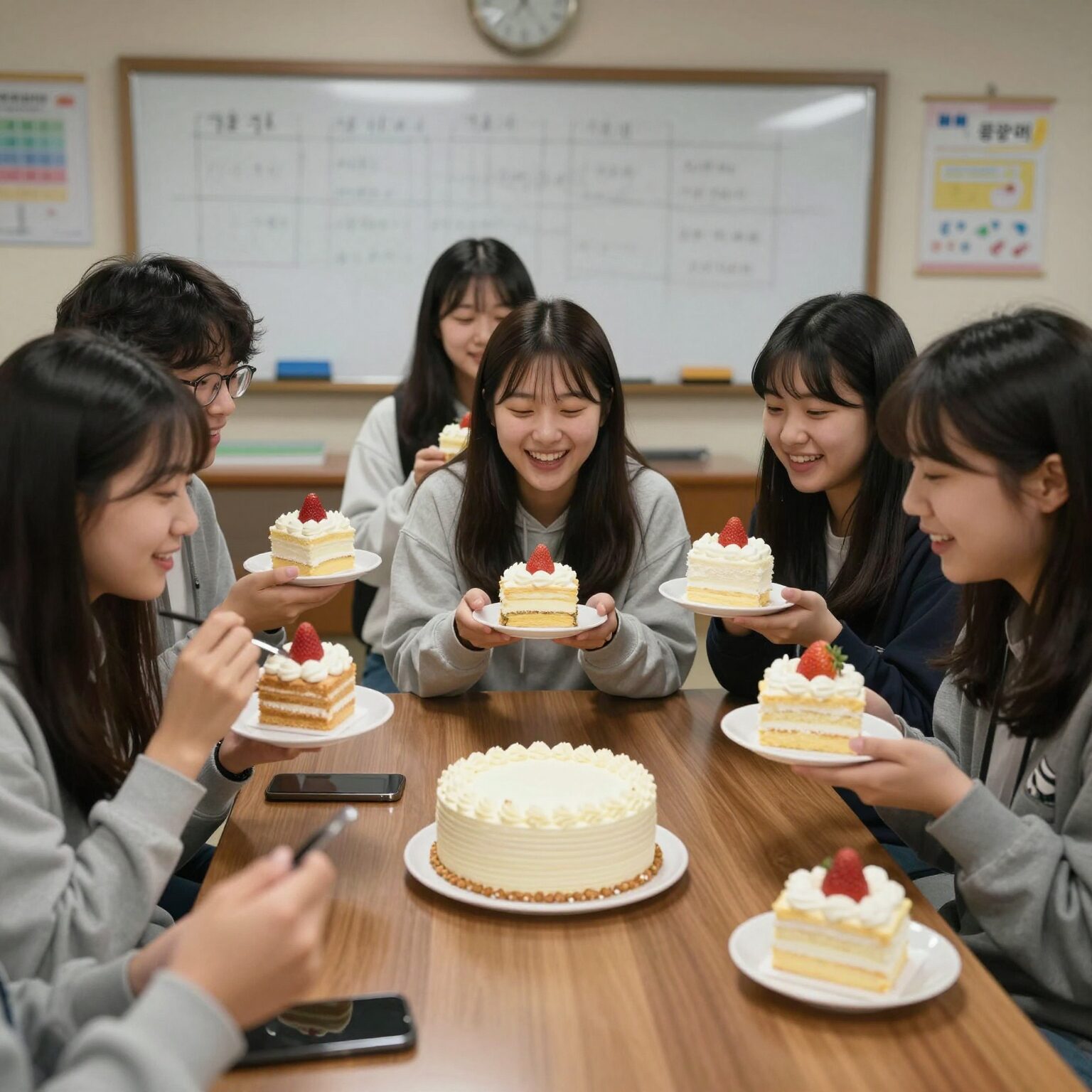 종강파티에서 학생들이 케이크를 들고 웃고 있는 모습