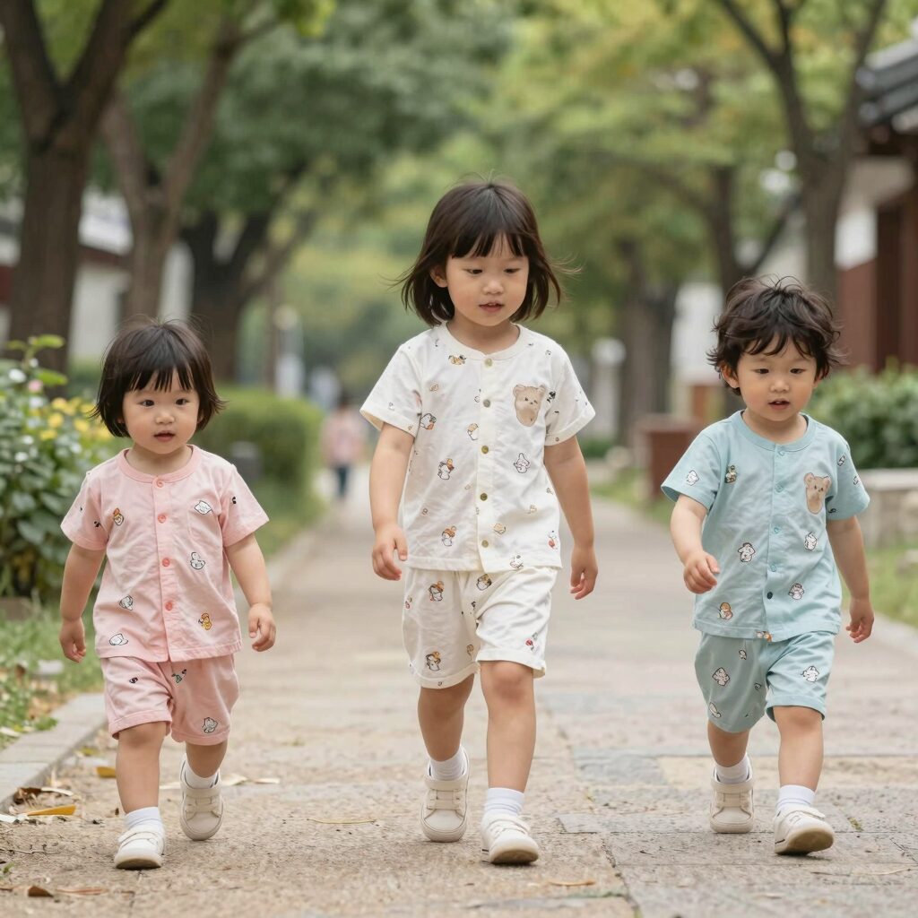 아이들이 베베소유 메론스위치 세아랑 플리츠 세트를 입고 있는 비교 사진