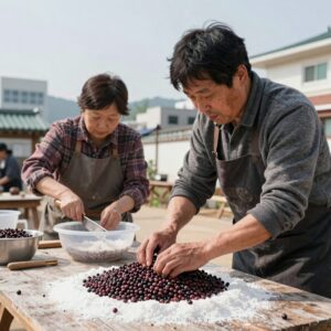 자두청 만들기 과정에서 자두를 자르고 설탕과 버무리는 모습