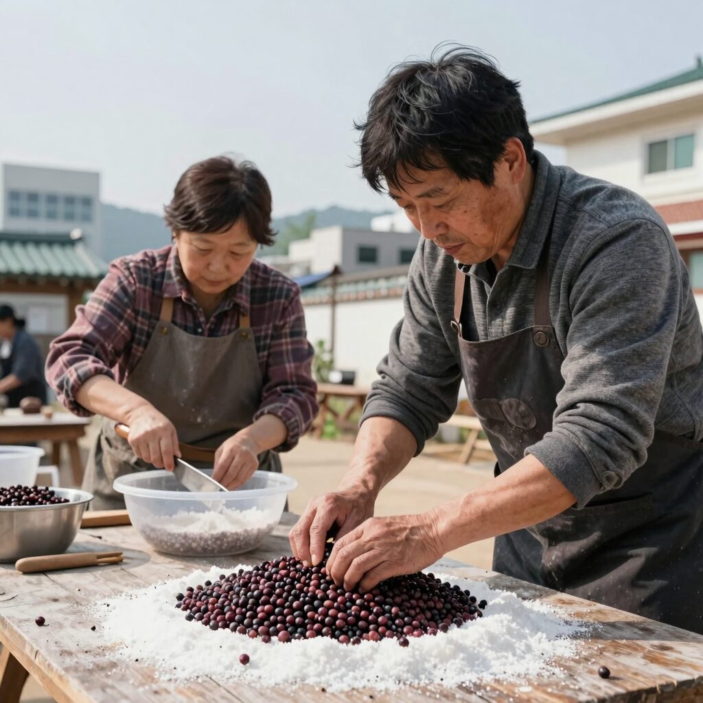 자두청 만들기 과정에서 자두를 자르고 설탕과 버무리는 모습