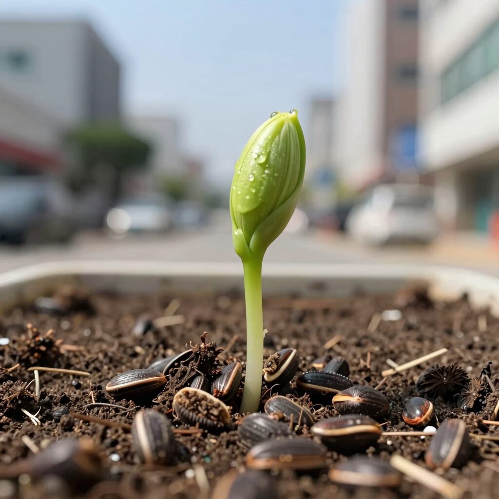 자두씨 발아 과정에서 갈라진 씨앗과 초록 싹