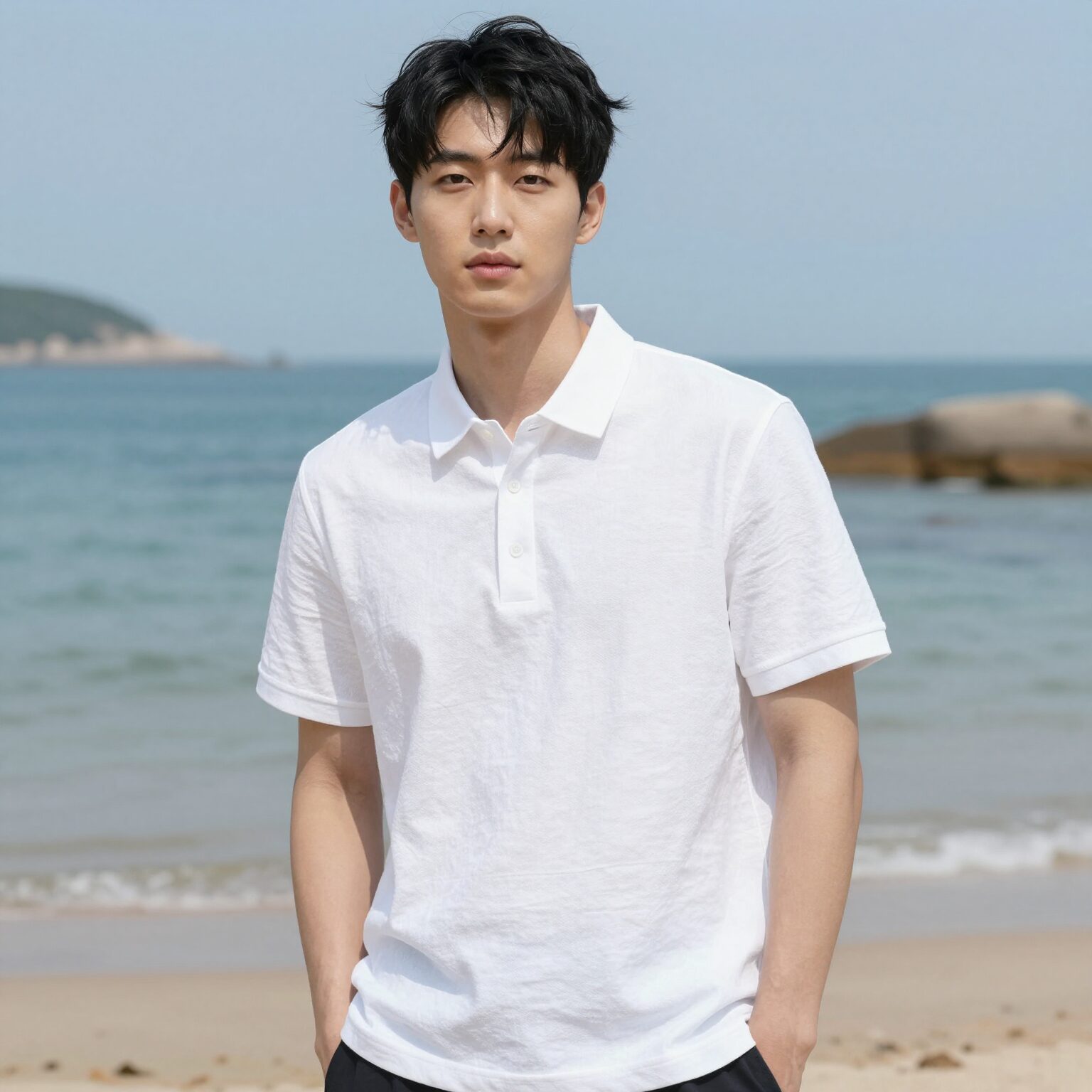 모델이 흰색 폴로 랄프 로렌 린넨 셔츠를 입고 여름 해변에서 포즈를 취하고 있는 사진