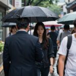 비 오는 한국 도시 풍경, 우산 쓴 사람들, 6월 25일 장마철 날씨