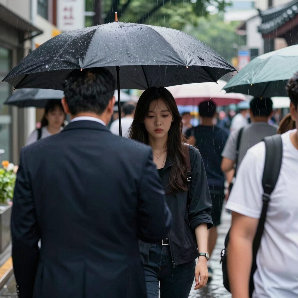 비 오는 한국 도시 풍경, 우산 쓴 사람들, 6월 25일 장마철 날씨