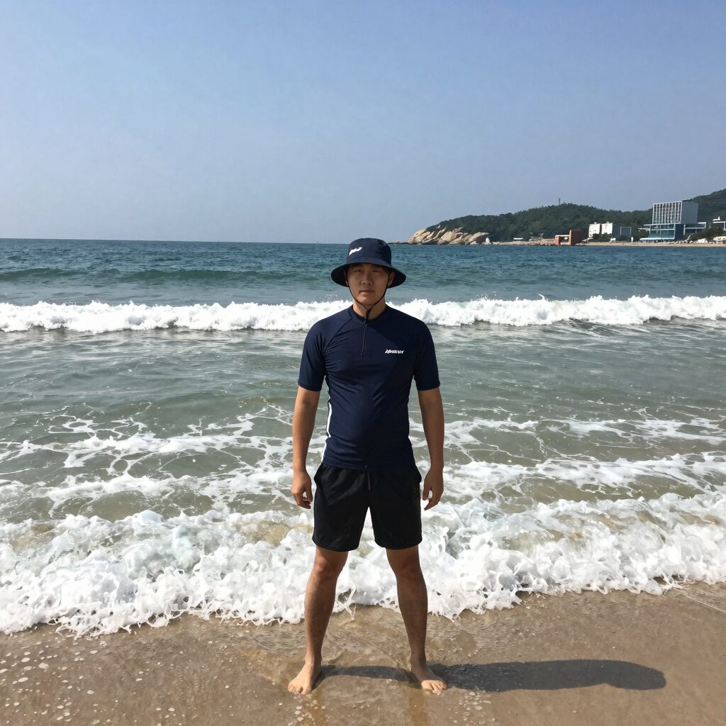 캐리비안베이에서 래쉬가드와 모자를 착용한 남성이 파도풀 앞에서 포즈를 취하고 있는 모습