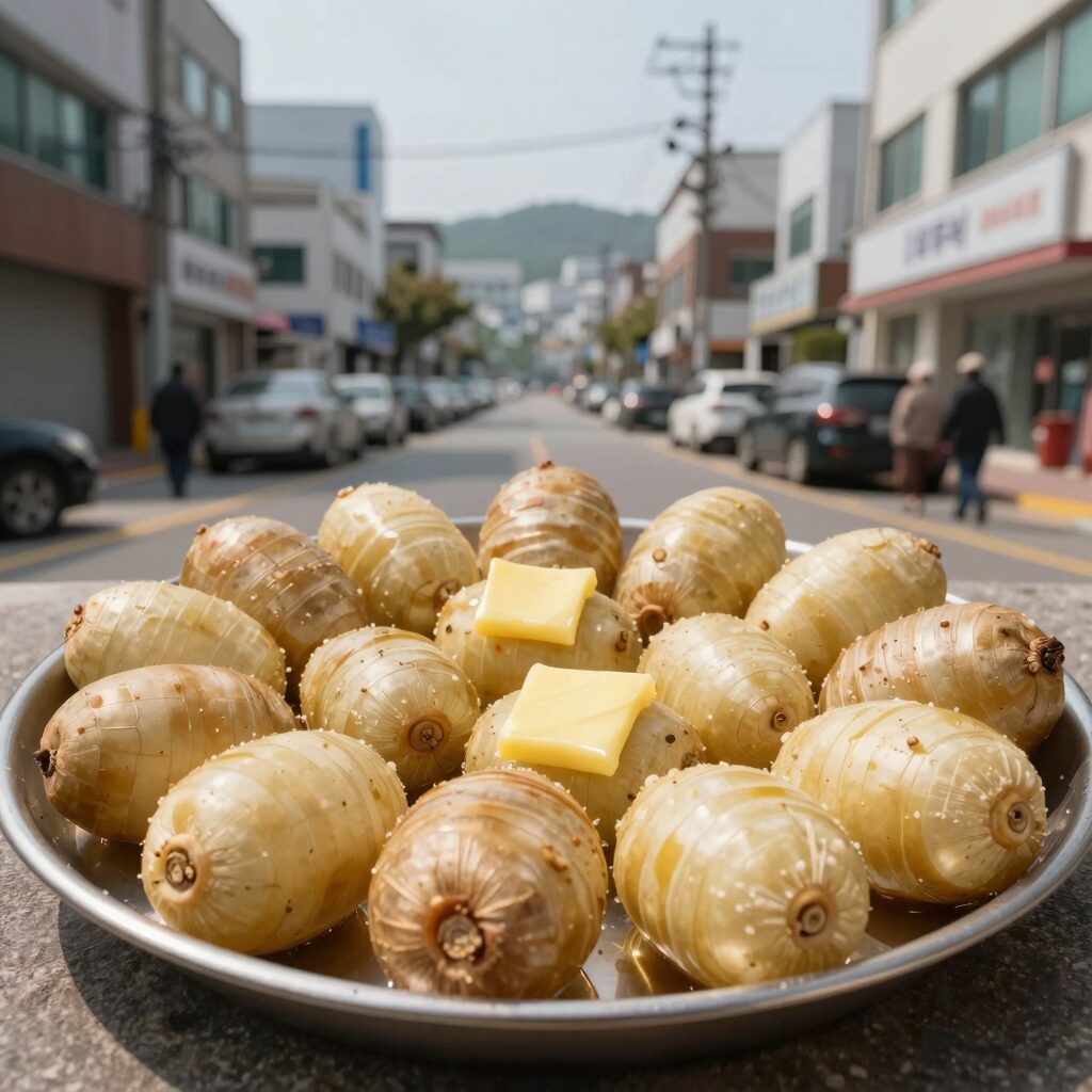 휴게소 감자 만들기 완성된 접시에 담긴 알감자 버터구이