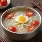 서리태 콩국수 그릇에 오이 토마토 계란 고명 올린 모습