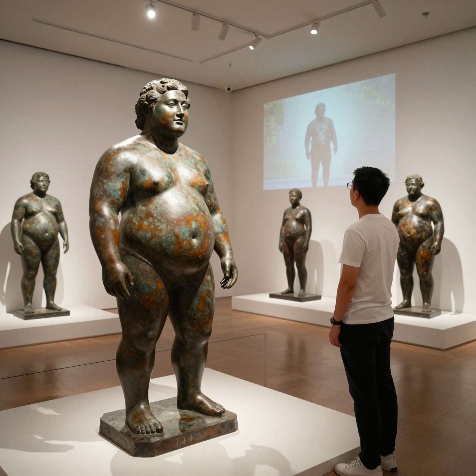 서울 6월 전시회 중 페르난도 보테로 전시장 내부 모습, 통통한 인물과 청동 조각상이 돋보임