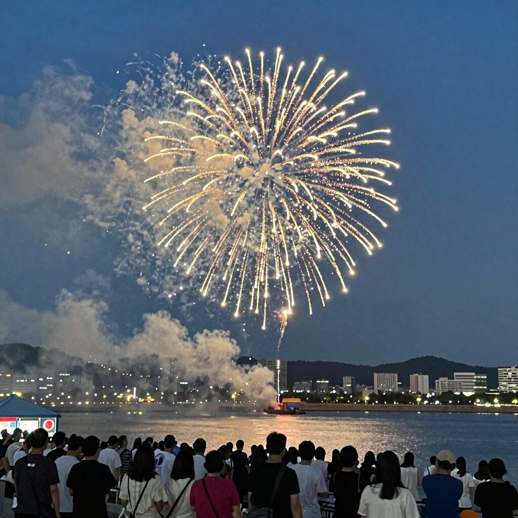 서울 7월 한강 여름축제에서 불꽃이 터지는 야경 사진